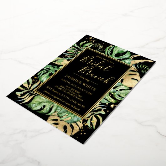 Elegant Tropical Bridal Brunch Shower Black & Gold Folie Uitnodiging (Gedraaid)