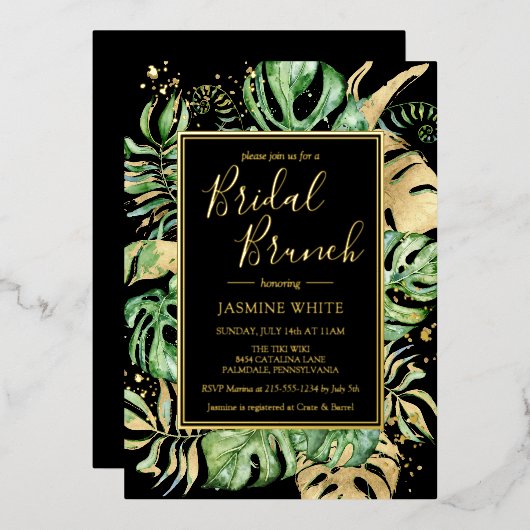 Elegant Tropical Bridal Brunch Shower Black & Gold Folie Uitnodiging (Voorkant / Achterkant)