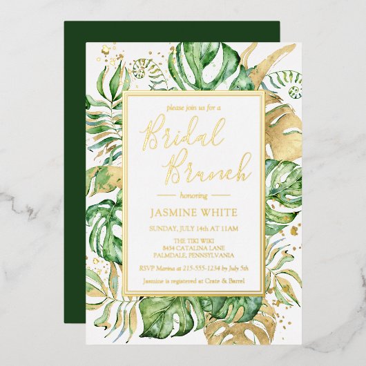 Elegant Tropical Bridal Brunch Shower Gold Folie Uitnodiging (Voorkant / Achterkant)