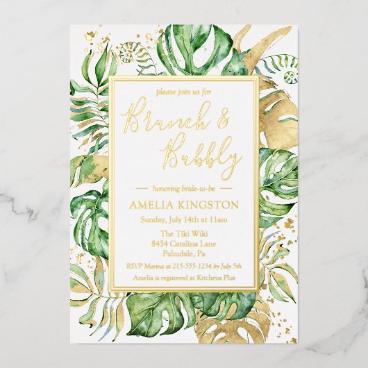 Elegant Tropical Brunch & Bubble Vrijgezellenfeest Folie Uitnodiging (Voorkant)