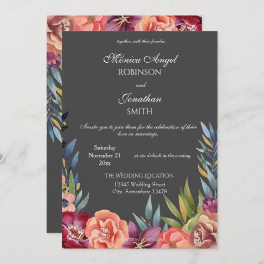 Elegant Tropical Burgundy & Blush Gray Wedding V2 Kaart (Voorkant / Achterkant)