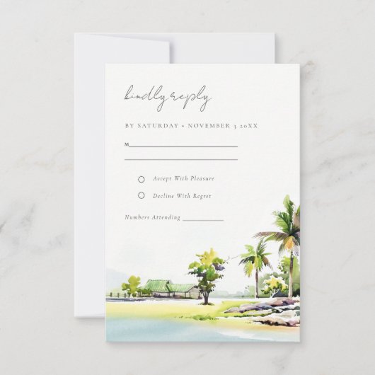 Elegant Tropical Coastal Beach Palm Tree Weddensch RSVP Kaartje (Voorkant)