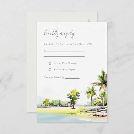 Elegant Tropical Coastal Beach Palm Tree Weddensch RSVP Kaartje (Voorkant / Achterkant)