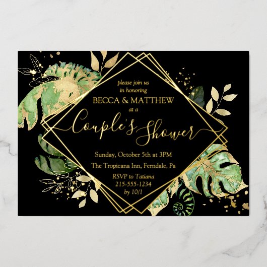 Elegant Tropical Couple's Shower Black & Gold Foil Folie Uitnodiging (Voorkant)