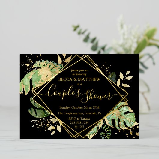 Elegant Tropical Couple's Shower Black & Gold Foil Folie Uitnodiging (Staand Voorkant)