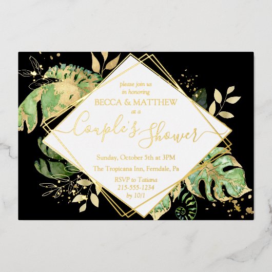 Elegant Tropical Couple's Shower Black & Gold Folie Uitnodiging (Voorkant)