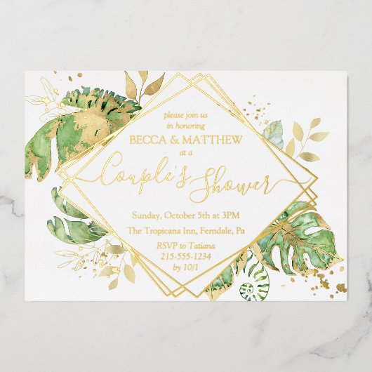 Elegant Tropical Couple's Shower Wedding Gold Folie Uitnodiging (Voorkant)