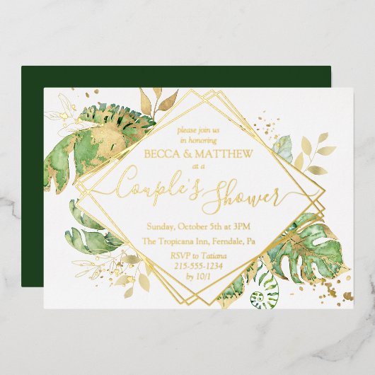 Elegant Tropical Couple's Shower Wedding Gold Folie Uitnodiging (Voorkant / Achterkant)