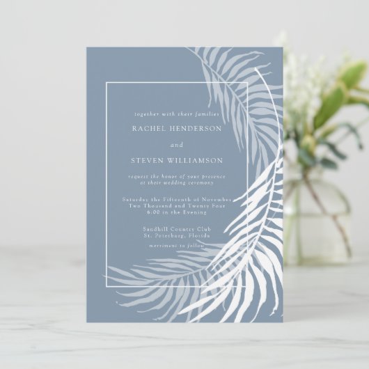 Elegant Tropical Dusty Blue and White Wedding Kaart (Staand voorkant)
