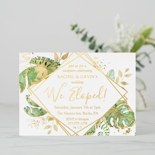 Elegant Tropical Elopement Weddenschap Reception G Folie Uitnodiging (Staand Voorkant)