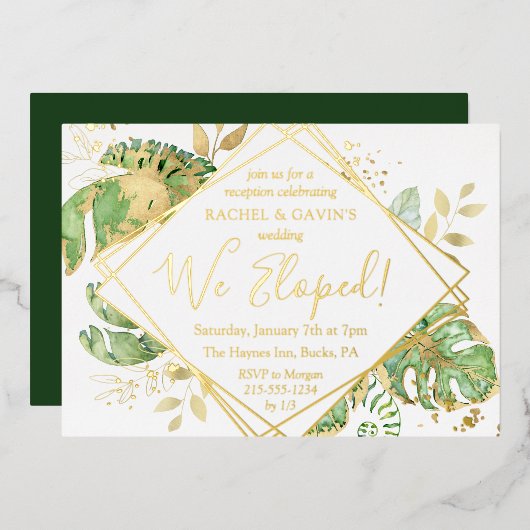 Elegant Tropical Elopement Weddenschap Reception G Folie Uitnodiging (Voorkant / Achterkant)