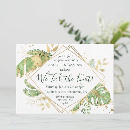 Elegant Tropical Elopement Weddenschap Reception Kaart (Staand voorkant)