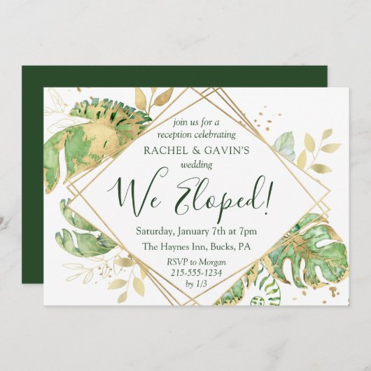 Elegant Tropical Elopement Weddenschap Reception Kaart (Voorkant / Achterkant)