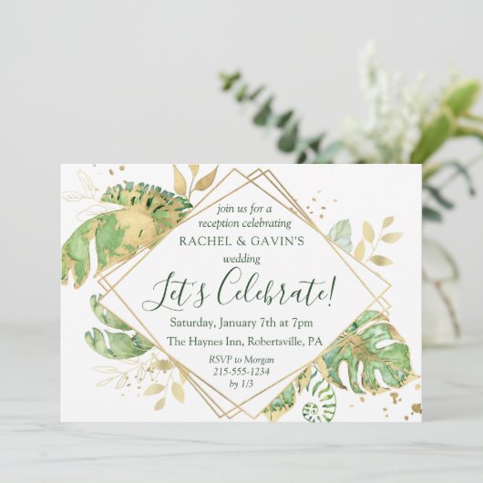 Elegant Tropical Elopement Weddenschap Reception Kaart (Staand voorkant)