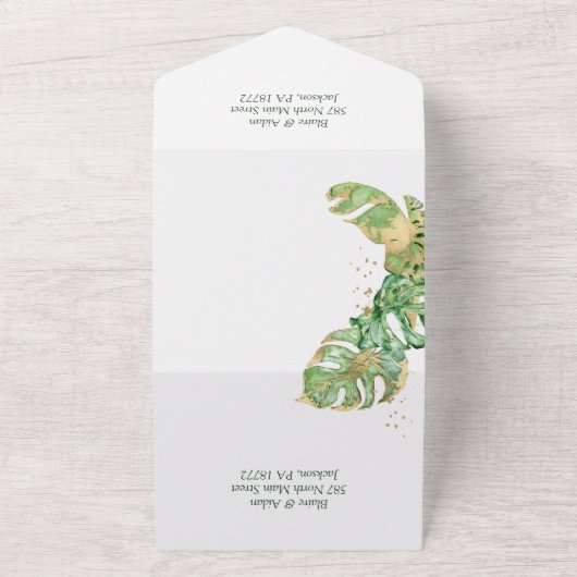 Elegant Tropical Emerald Green & Gold Wedding All In One Uitnodiging (Buitenkant)