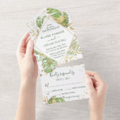 Elegant Tropical Emerald Green & Gold Wedding All In One Uitnodiging (Afscheurbaar)