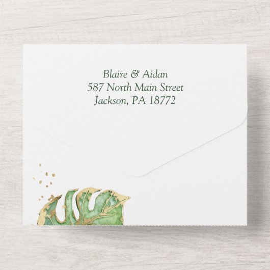 Elegant Tropical Emerald Green & Gold Wedding All In One Uitnodiging (Achterkant)