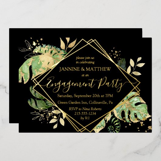 Elegant Tropical Engagement Party - zwart & goud Folie Uitnodiging (Voorkant / Achterkant)
