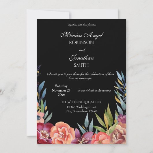 Elegant Tropical Floral Black Wedding Kaart (Voorkant)