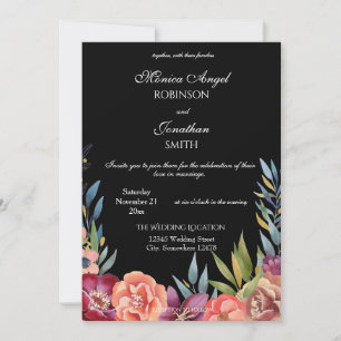 Elegant Tropical Floral Black Wedding Kaart
