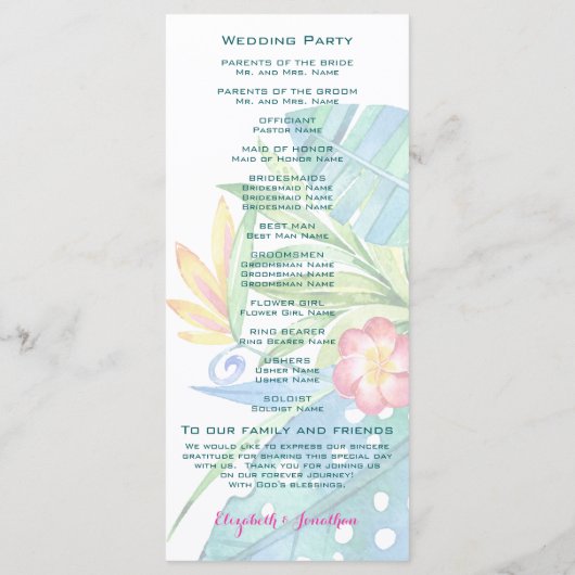 Elegant Tropical Floral Blauwgroen Berry Pink Wedd Programmakaart (Achterkant)