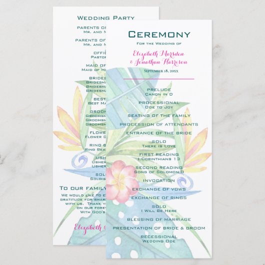 Elegant Tropical Floral Blauwgroen Berry Pink Wedd Programmakaart (Voorkant / Achterkant)