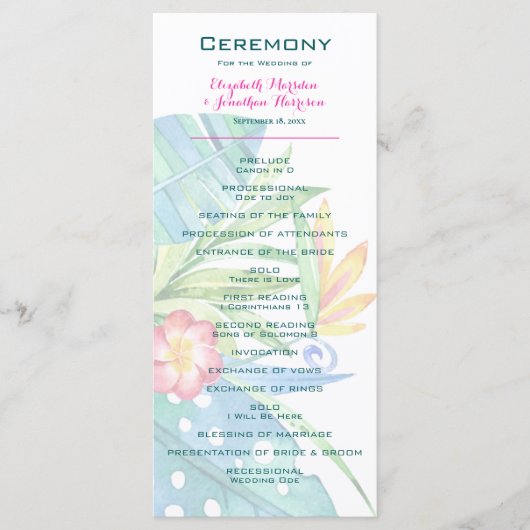 Elegant Tropical Floral Blauwgroen Berry Pink Wedd Programmakaart (Voorkant)