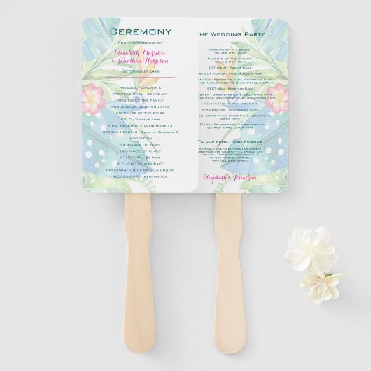 Elegant Tropical Floral Blauwgroen Pink Wedding Pr Handwaaier (Voorkant en achterkant)