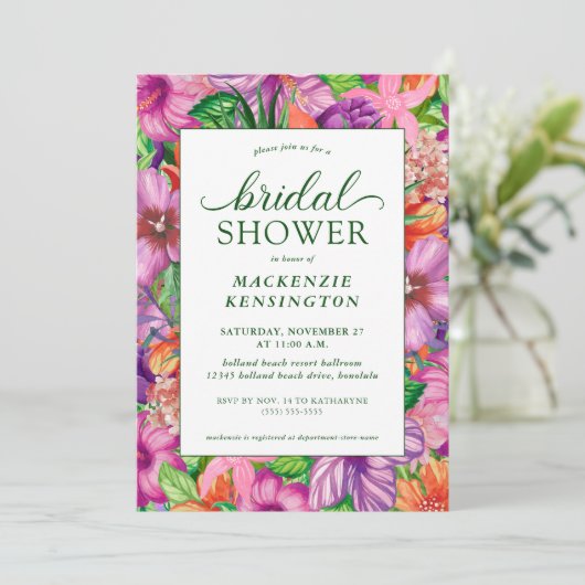 Elegant Tropical Floral Bridal Shower Invitation Kaart (Staand voorkant)