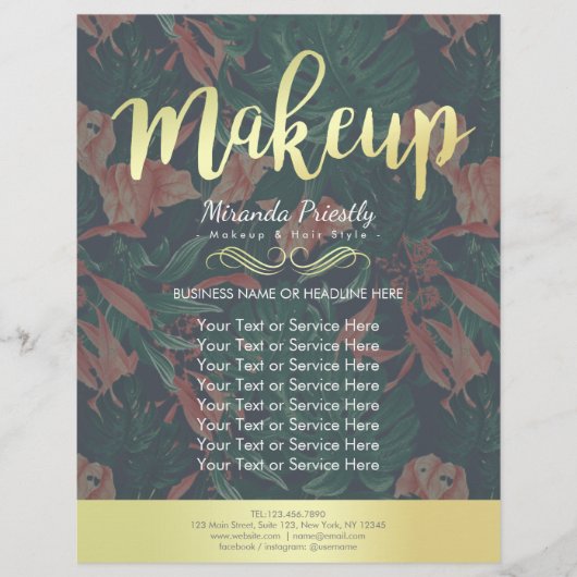 Elegant Tropical Floral Gold Script Makeup Salon Flyer (Voorkant)