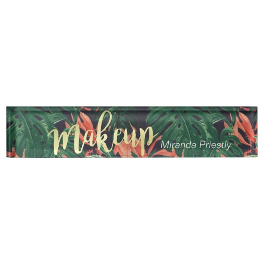 Elegant Tropical Floral Gold Script Makeup Salon Naambordje (Voorkant)