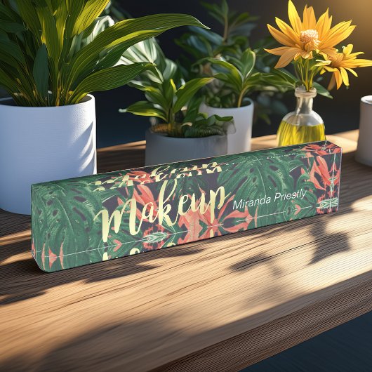Elegant Tropical Floral Gold Script Makeup Salon Naambordje