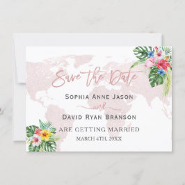 Elegant Tropical Floral Gold Wereldkaart Wedding Save The Date