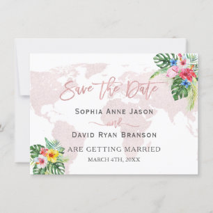 Elegant Tropical Floral Gold Wereldkaart Wedding Save The Date