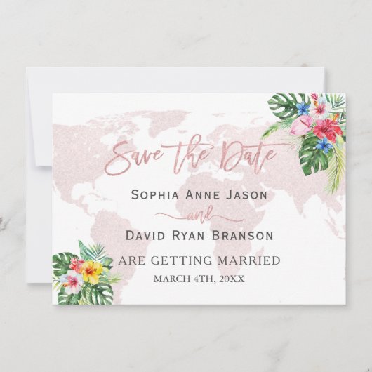 Elegant Tropical Floral Gold Wereldkaart Wedding Save The Date (Voorkant)