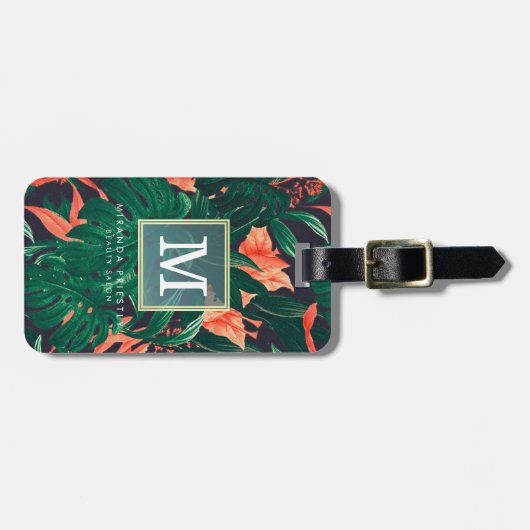 Elegant Tropical Floral Modern Gold Lijst Monogram Bagagelabel (Voorkant horizontaal)
