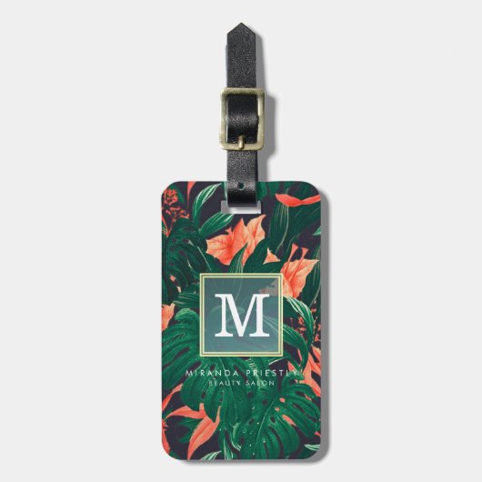 Elegant Tropical Floral Modern Gold Lijst Monogram Bagagelabel (Voorkant verticaal)