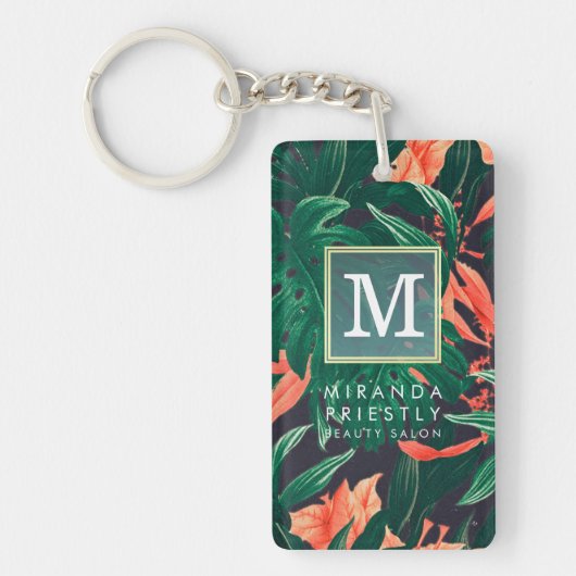 Elegant Tropical Floral Modern Gold Lijst Monogram Sleutelhanger (Voorkant)