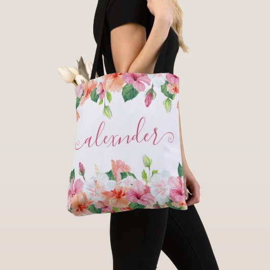Elegant Tropical Floral Waterverf Name Monogram Tote Bag (Dichtbij)