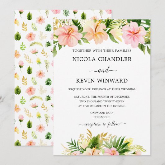Elegant Tropical Floral Wedding Kaart (Voorkant / Achterkant)