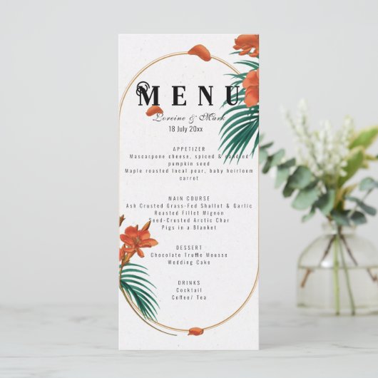Elegant Tropical Floral Wedding Menu (Staand voorkant)