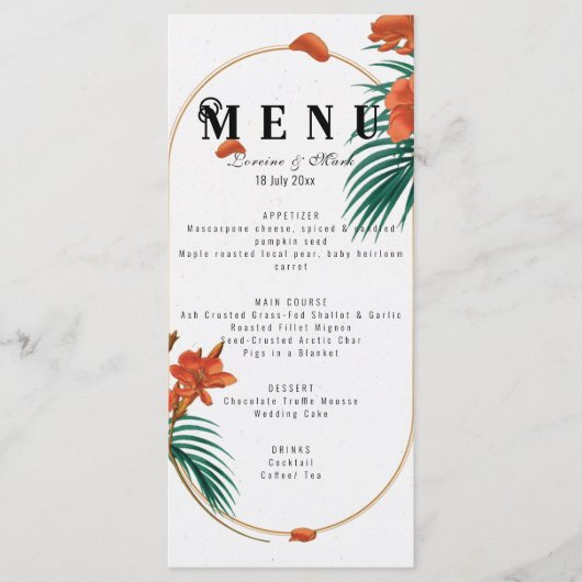 Elegant Tropical Floral Wedding Menu (Voorkant)