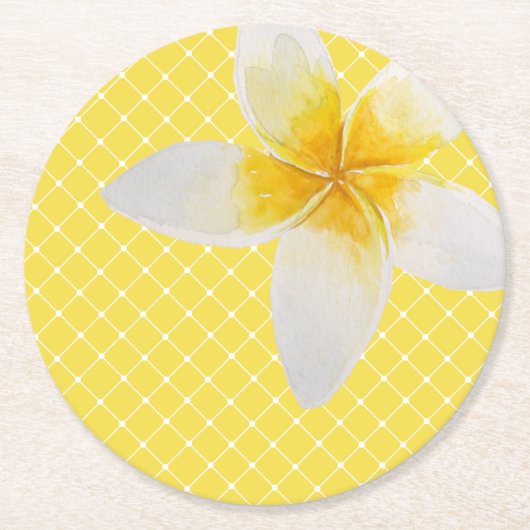 Elegant Tropical Flower & Trellis Pattern | Geel Ronde Kartonnen Onderzetter (Voorkant)