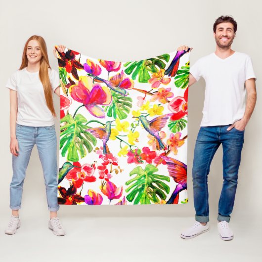 Elegant Tropical Flowers Orchid and Birds Fleece Deken (In situ)