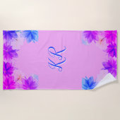Elegant Tropical Flowers Paars Blue Monogram Strandlaken (Voorkant)