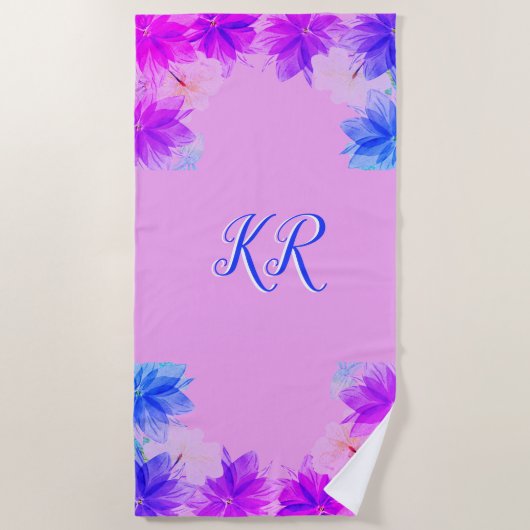 Elegant Tropical Flowers Paars Blue Monogram Strandlaken (Voorkant)