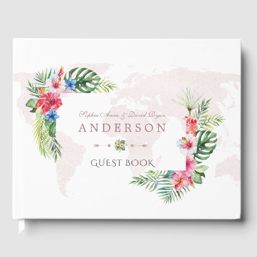 Elegant Tropical Flowers Wereldkaart Wedding Gastenboek (Voorkant)