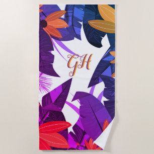 Elegant Tropical Foliage Paars Oranje Monogram Strandlaken