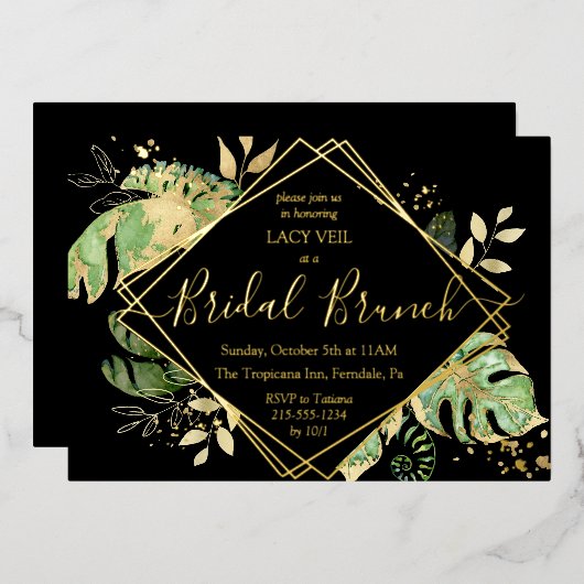 Elegant Tropical Gold Bridal Brunch Black & Gold Folie Uitnodiging (Voorkant / Achterkant)