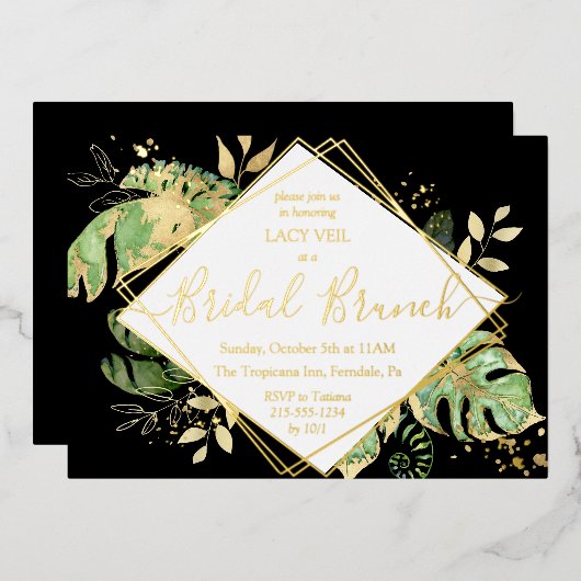 Elegant Tropical Gold Bridal Brunch Black & Gold Folie Uitnodiging (Voorkant / Achterkant)